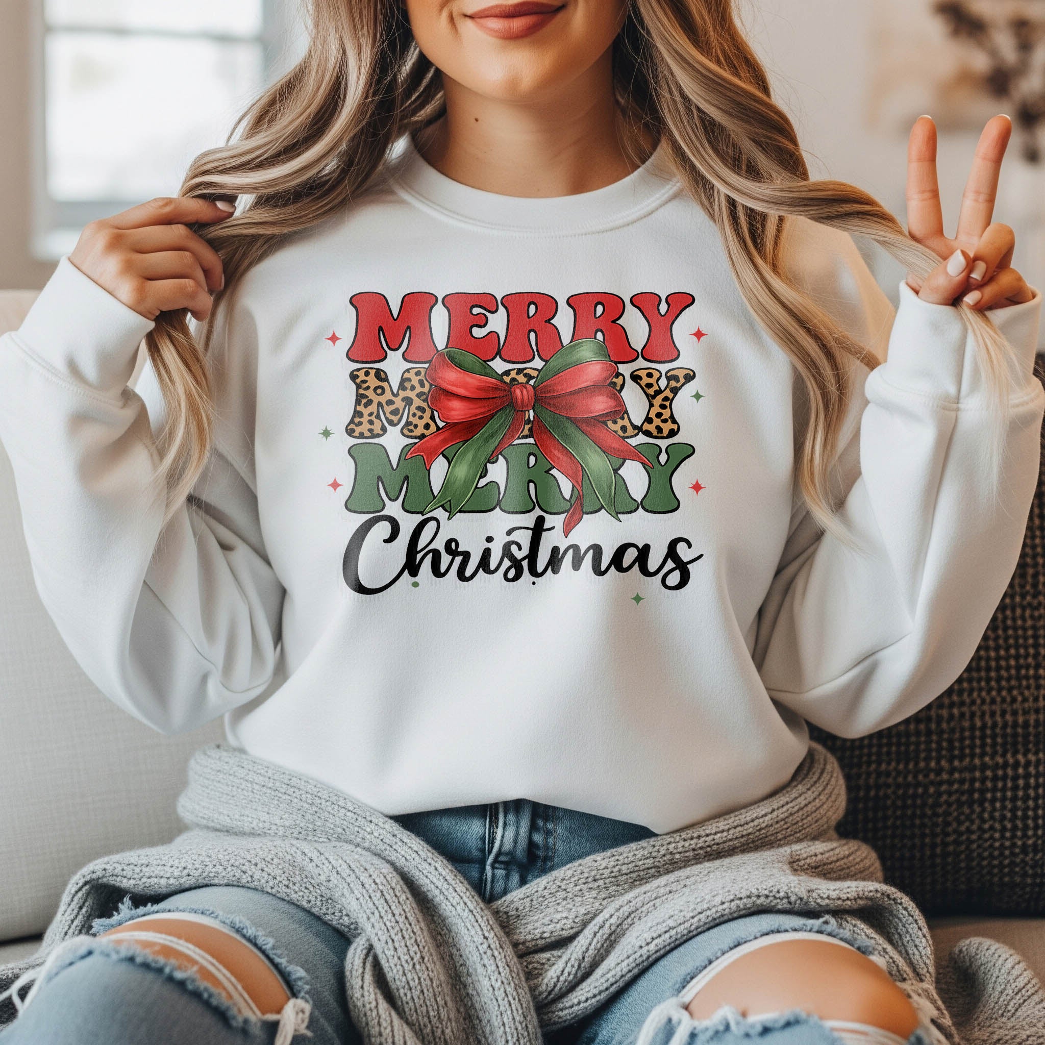 Merry Christmas Leopard Bow | Sweatshirt | White